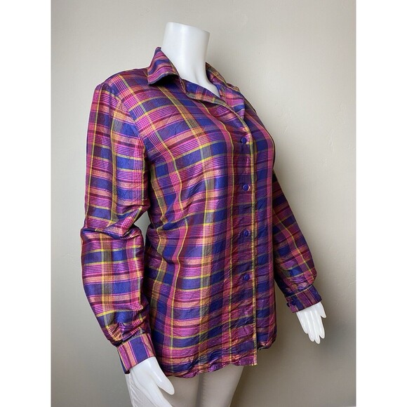 N91. Silk Lore Silk Shirt M Plaid Multicolor Blouse Long Sleeve Collared Button - Picture 2 of 8